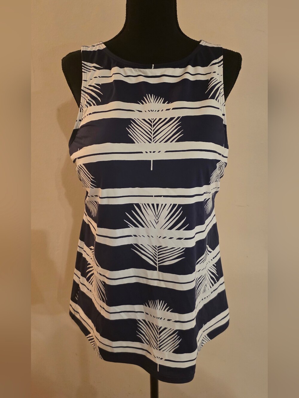 Lands' End Navy & White Palm-Stripe Swim Tankini TOP ONLY (Size 16) Worn 1x